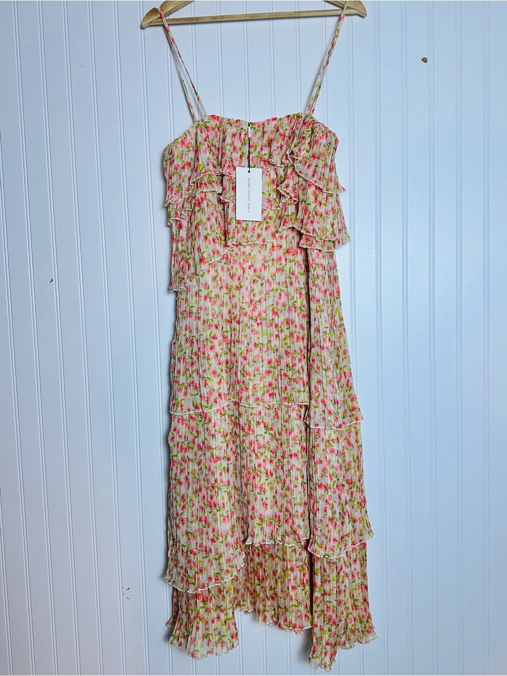 Something Navy Floral Pleated Tiered Dress S Romantic Chiffon Ruffle Pull On. - Picture 9 of 13